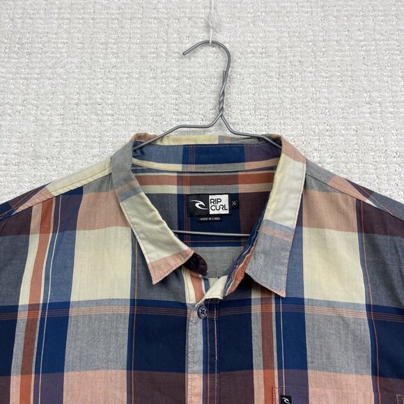 Rip Curl Men's XL Y2K Grunge Blue Plaid Distressed Short Sleeve Button Up Shirt - Picture 2 of 14